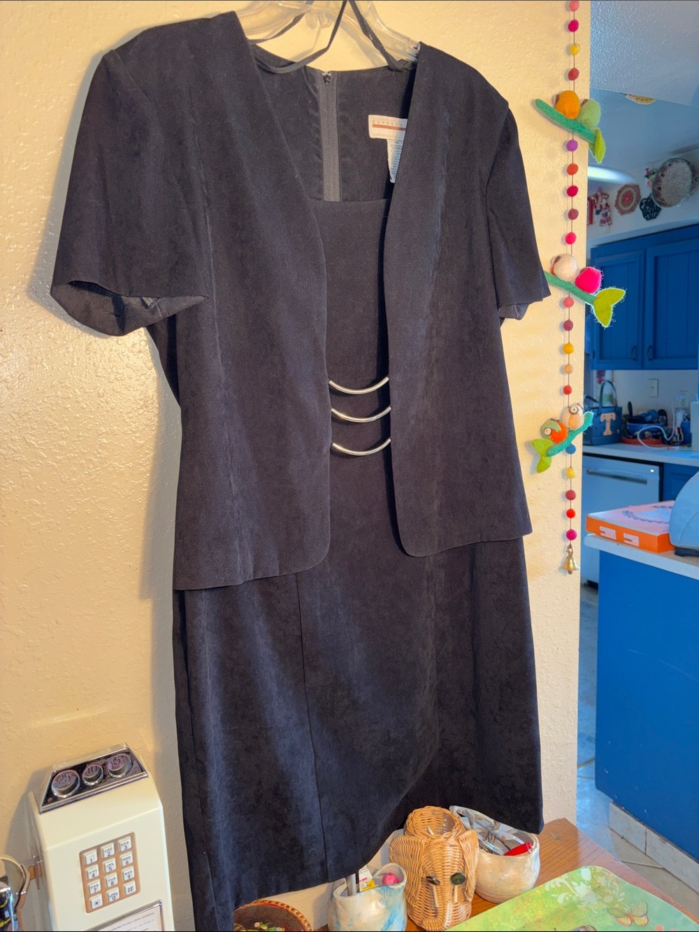 EUC VINTAGE Expressions black faux suede short-sleeve dress and matching jacket